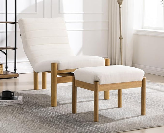 EALSON Modern Accent Chair with Ottoman Beige Fabric Upholstered Seater with High Backs Unique Design Wood Frame Armless for Living Room/Bedroom Reading/Office Use