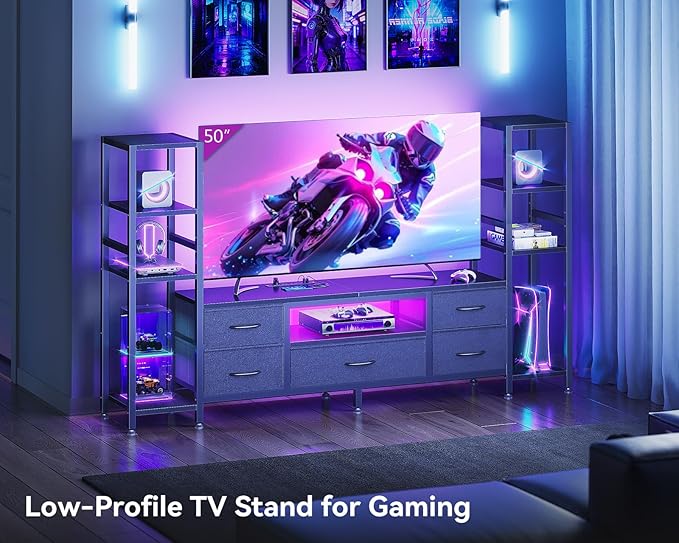 Casaottima TV Stand for 40/50/55 Inch TV Low-Profile Entertainment Center with LED Lights &amp Power Outlets TV Stand with Drawers &amp Open Shelves for Storage for Small Spaces/Living Room/Gaming