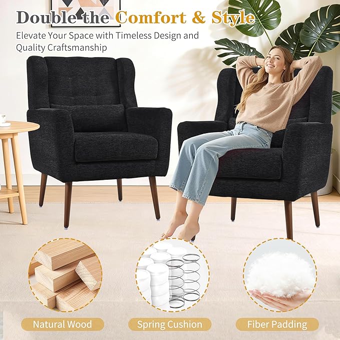 Modern Accent Chair Upholstered Armchair with Pillow Fabric Single Sofa Chair with Lounge Seat Solid Wood Legs Accent Chair for Living Room Bedroom Small Spaces(Black)