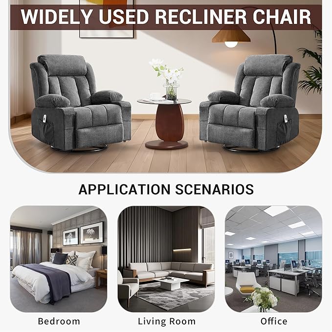 GarveeHome Rocker Swivel Recliner Chair with Heat Massage Large Wide Rocking Lazy Boy Single Sofa Seat with 3 Positions 2 Side Pockets Cup Holders USB Ports Remote Control (Gary)