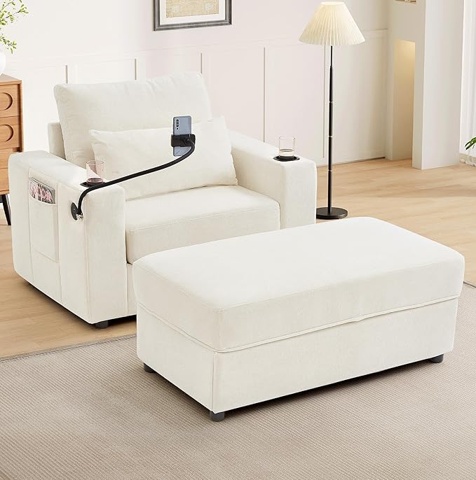 42.5 Oversized Armchair with Ottoman Storage Overstuffed Chair and a Half with Cup Holders &amp USB Port Chenille Accent Chairs for Bedroom Living Room Reading Phone Holder Side Pocket (Beige)