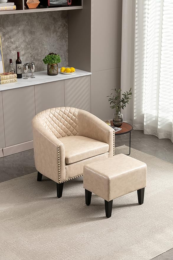Accent Chair with Ottoman Mid Century Modern Barrel Chair Upholstered Club Tub Round Arms Chair for Living Room