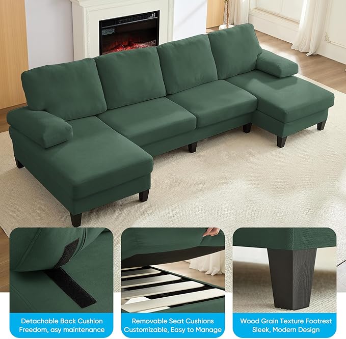 Mjkone 110 Width Sectional Couches with Chaises for Living Room U Shaped Cloud Sofa Couch with Ice Velvet Fabric Minimalist 4 Seater Sofa Set Living Room Sets Furniture for Home Office Green