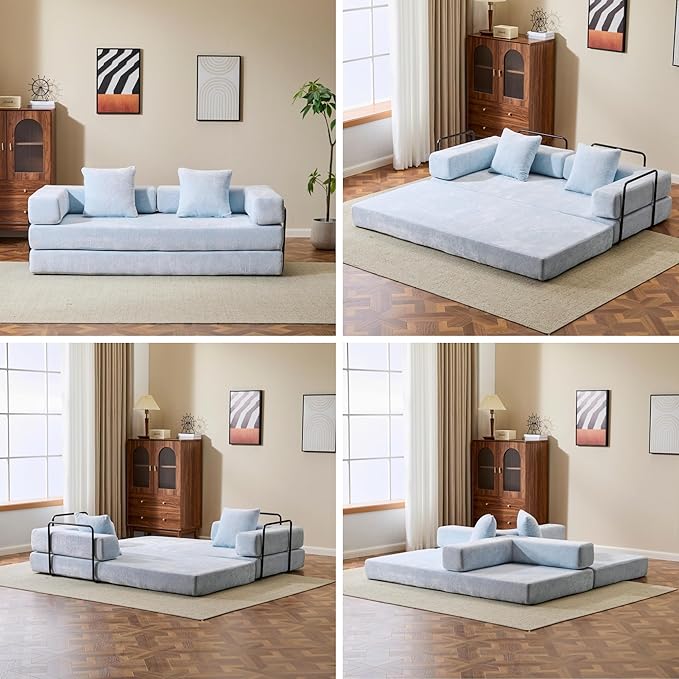 Convertible Floor Sofa Bed Foldable Mattress Cloud Couch with Pillow Back &amp Armrest Chenille Sleeper Sofa Bed with Fixed-Shape Frame Compressed Couch for Living Room Bedroom Light Blue