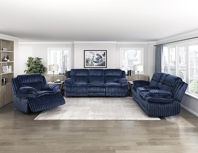 Lexicon Goodland Corduroy Double Reclining Love Seat with Center Console in Blue