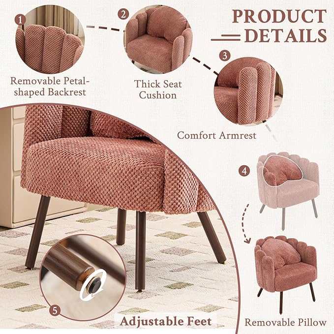 Furniliving Pink Vanity Chair Velvet Accent Chair for Living Room Shell Chairs with Wooden Legs Makeup Chair for Bedroom Armchair Cute Petal Reading Chair with Pillow