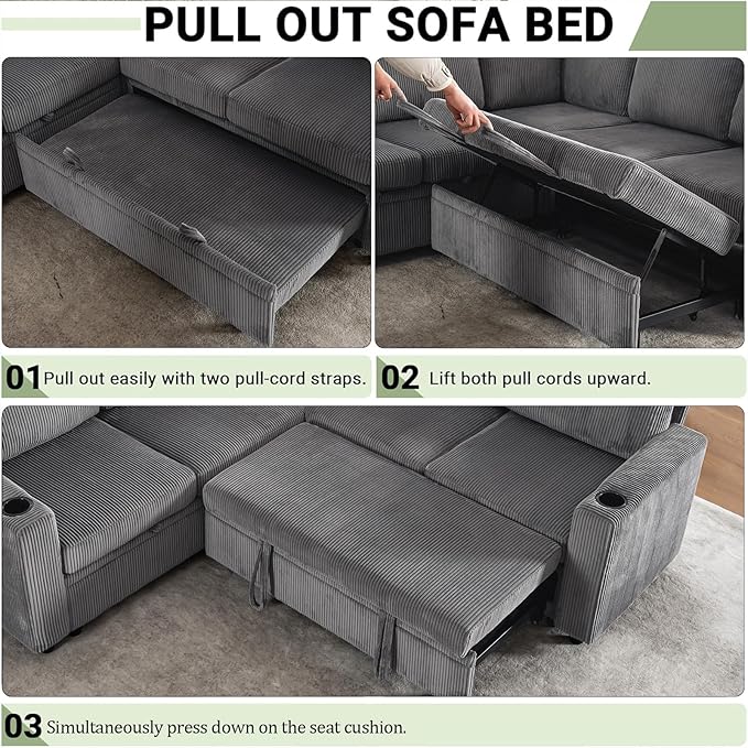 83 Modular Sectional Sleeper Sofa with Pull Out Bed Plush Corduroy L-Shaped Corner Couch with Storage USB Charger Cup Holders 5-Seater Sectional Couches for Living Room Apartment Grey