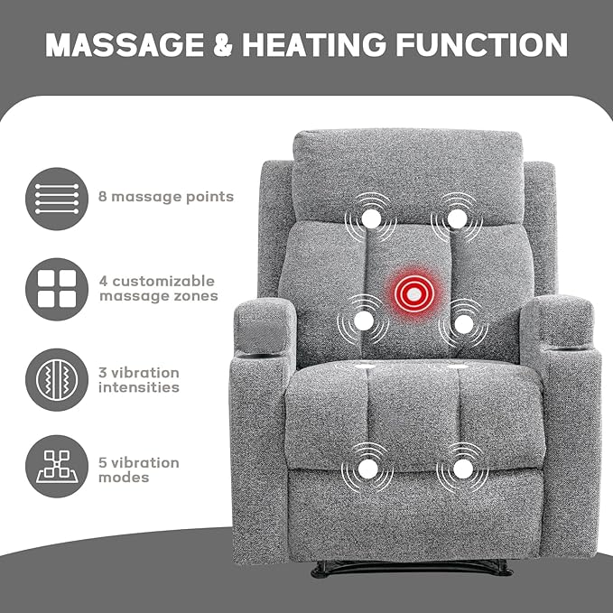 CANMOV Manual Massage Heat Recliner Chair Set of 2Soft Fabric Recliner Chair with Overstuffed Arm and Back Manual Reclining Single Sofa with 2 Cup Holders Side Pocket for Living RoomLight Grey