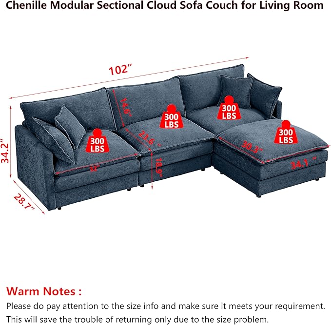 102 L-Shaped Sofa for Living RoomModular Sectional Cloud Sofa Couch with OttomanModern Chenille 3 Seater Sofas with Deep SeatSmall L Shaped Couches for Bedroom (Blue 102)