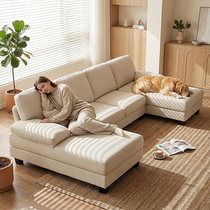 Homall Modular Sectional U Shaped Sofa Couches for Living Room Comfy Chenille 4 Seat Sofa Set with Removable Pillows Lounge Chaise Upholstered Couch for for Apartment (Chenille White)