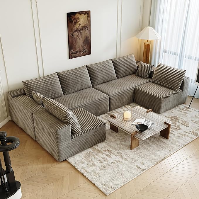 139.4 Modular Sectional Sofa U-Shaped Minimalist Couches with 2 Middle Seats Modern Deep Seat Convertible Sleeper Sofa BedCloud Plush Corduroy Fabric No Assembly Required 6 Seater Camel