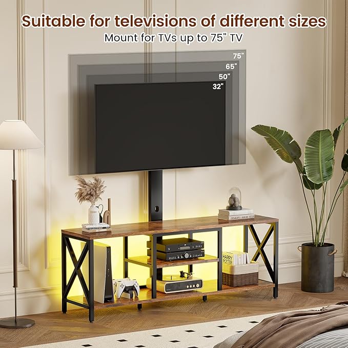 TV Stand with Mount and LED Lights Universal TV Stand Mount for 32-75 inch TV Entertainment Center with Storage Metal TV Console Table Height Adjustable TV Stands for Living Room Rustic Brown