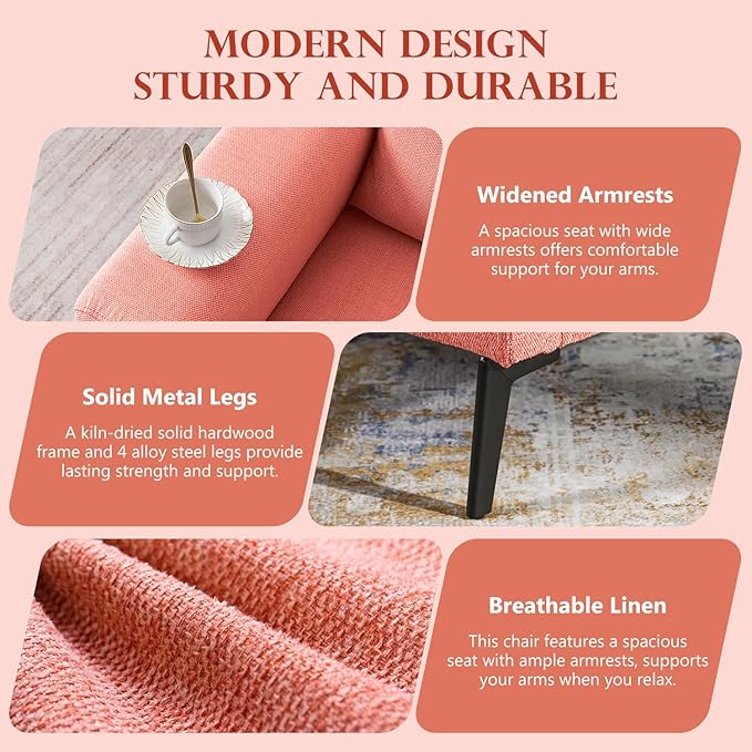 CDCASA Accent Chair Linen Fabric Oversized Mid Century Modern Chair Set of 2 Comfy Upholstered Armchair Reading Accent Chairs Sofa Chairs for Bedroom Living Room Coral Pink