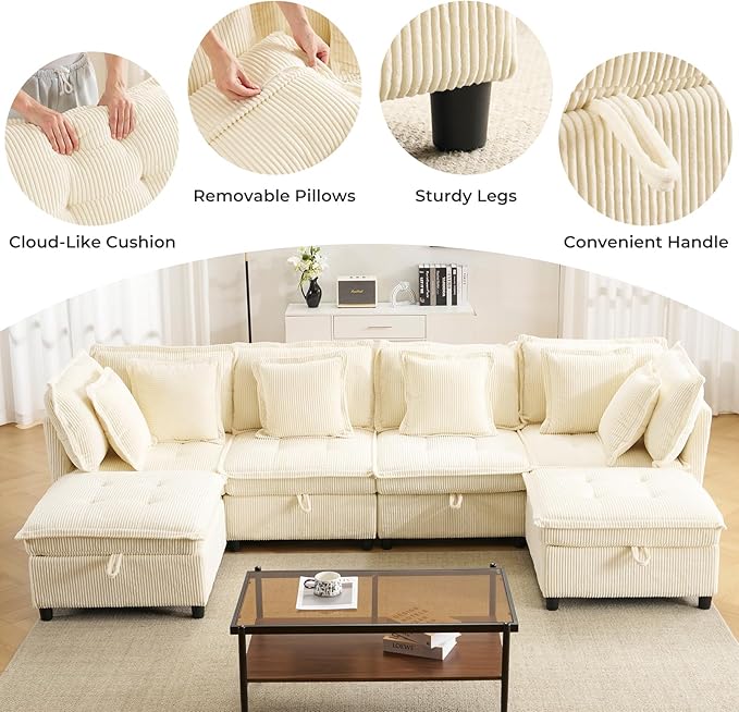 103 Modular Sectional Sofa L-Shaped Corduroy Comfy Sectional Couches for Living Room 3-Seater Cloud Couches with 1 Ottoman Modern Deep Seat Sofa with Large Storage Corduroy Beige