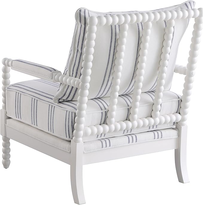 BOWERY HILL Fabric Upholstered Accent Chair 38 H x 29.5 W x 34 D Linen-Like White with Navy Stripes Spindle Frame Rubberwood Construction Padded Armrests Stationary Design for Living Room or