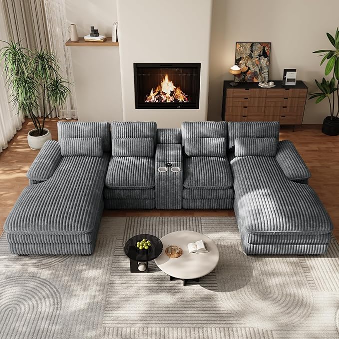 133 Oversized U Shaped Cloud Couch Modular Sectional Couches for Living Room Comfy Corduroy Deep Seat Sofa Set with Double Chaise Lounge Storage Central Console Cup Holders USB Port Dark Grey