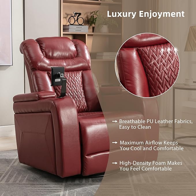 270 Degree Swivel Chair PU Leather Power Recliner Individual Seat with Comforable Backrest Tray Table Phone Holder Cup Holder USB Port Hidden Arm Storage for Living Room Home Theater Red