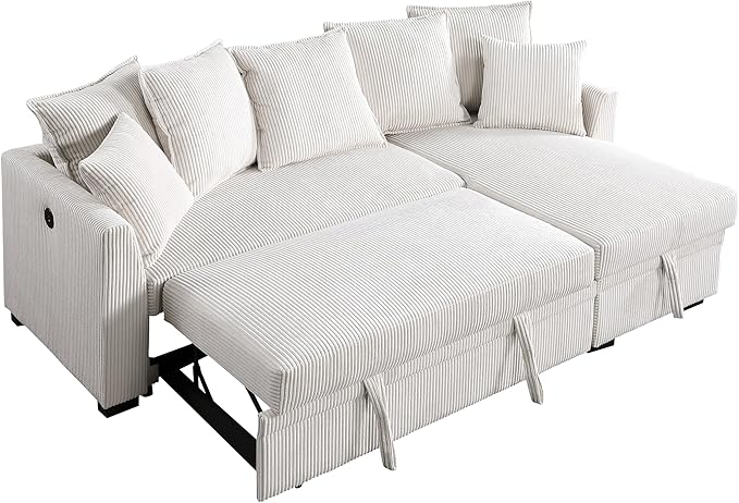 Modern Living Room Corner Convertible Sofabed Corduroy Upholstered Reversible Sleeper Sectional Sofa with 7 Pillow and USB Ports L-Shaped Pull Out Sleep Couch Bed W/Reversible Storage Chaise Daybed