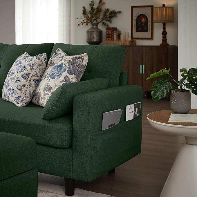 101 Convertible Sectional Sofa Modern Linen Fabric U-Shaped Couch with Reversible Chaises and Ottoman Coffee Table 4 Seat Sofa Couches for Living Room Apartment Office Green