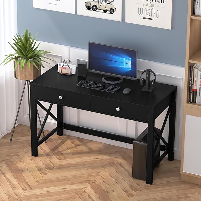 WiberWi Home Office Desk with Drawers Black Modern Writing Computer Desk Small Makeup Vanity Table for Bedroom Study Table for Home Office