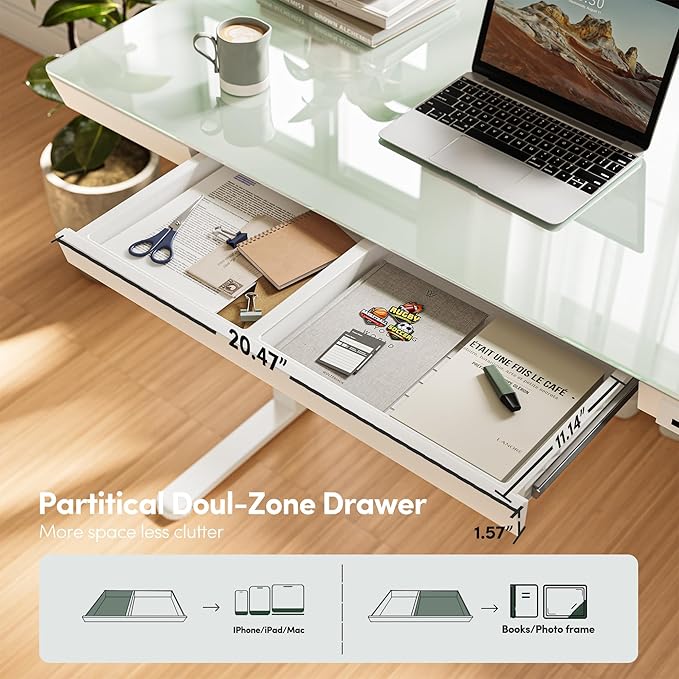FEZIBO 48 × 24 Electric Standing Desk with Drawers Whole-Piece Glass Adjustable Height Desk One-Piece Quick Install Adjustable Sit Stand Desk White