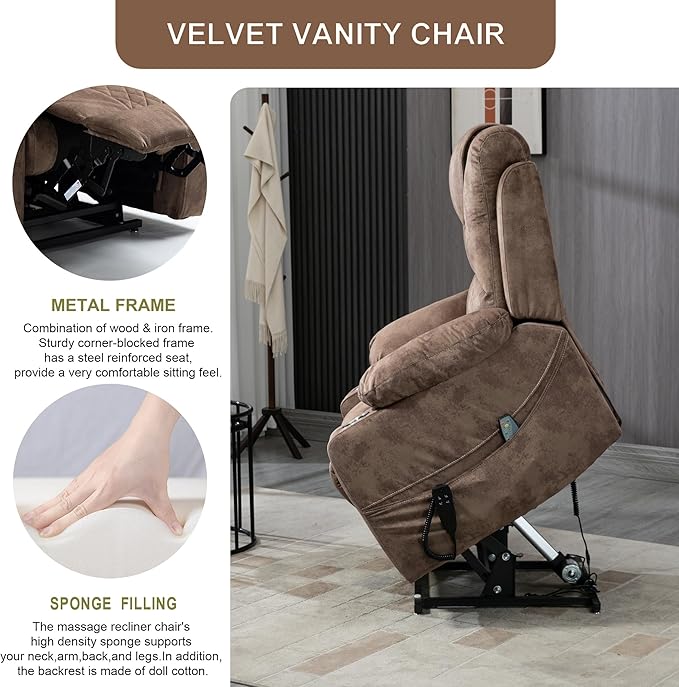 Large Power Lift Recliner Chair Sofa with Massage and Heat for Big and Tall ElderlyInfinite PositionsDual MotorCup HoldersExtended FootrestVelvet Home Theater Seat