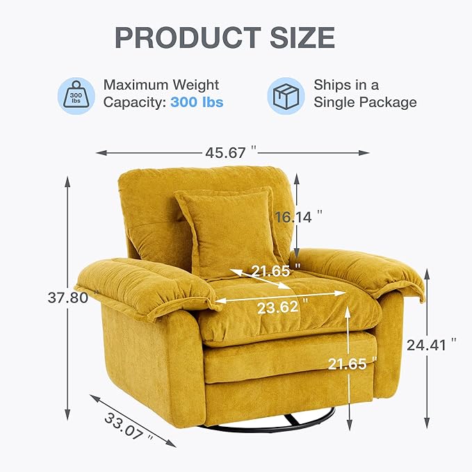 360° Swivel Accent Chair Oversized Plush Modern Chenille Armchair with Padded Seat &amp Back Comfy Spinning Chair for Living Room Bedroom Office (Yellow)