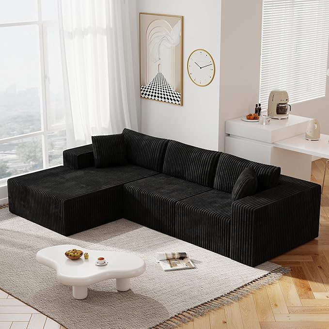 110 Modular Sectional Couch with L-Shaped Chaise Cloud Sectional Couch with Deep Seat Corduroy Sofa for Living Room Bedroom No Assembly Required (Left Facing Chaise) Charcoal Black
