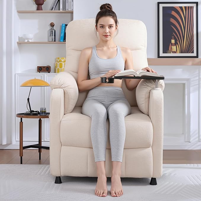 Electric Recliner Chair Power Recliner Sofa with Remote Adjustable Backrest Side Pocket &amp Swivel Tray Table 350 LBS Soft Chenille Fabric Armchair for Living Room Bedroom Beige
