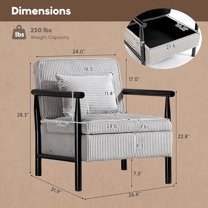 Yoglad Accent Chair with Storage Corduroy Fabric Reading Chair with Wood Frame Mid Century Modern Storage Armchair for Living Room Bedroom Apartment(Antique Grey)