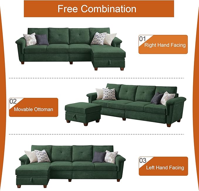 4-Seat Sectional Couches for Living Room Bedroom Office L Shape Convertible Sectional Sofa Couch with Ottoman and Cup Holders Green