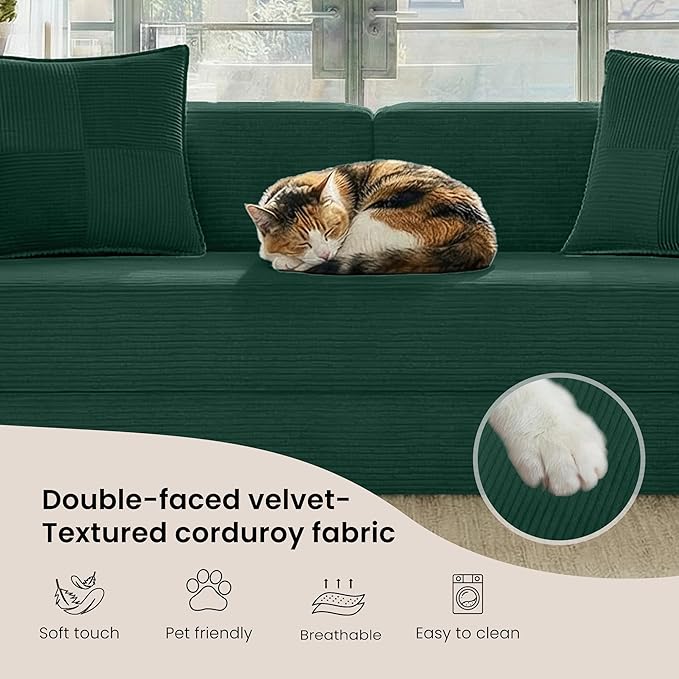 Belhome 78.8 Convertible Sofa Bed Futon Sofa Bed with Side Pocket Corduroy Pull Out Futon Sofa Boneless Couch for Living RoomsNo Assembly Required Jade Green