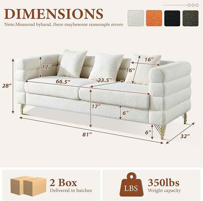 Loveseat Modern Sofa 81 Teddy Boucle Comfy Cloud Couch Upholstered Deep 3 Seater Sherpa Couch Set with Stylish Metal Legs for Living Room Home Office Bedroom Apartment White