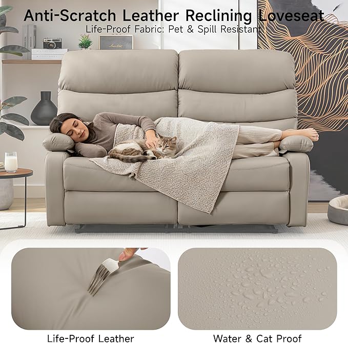 Reclining Loveseat Anti-Scratch Leather Double Recliner Sofa with Side Pocket Wall Hugger Loveseat Recliner for Living Room RV Home Theater(Beige)