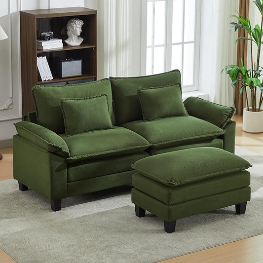 URRED Modular Cloud Couch Sectional Sofa 87 L Shaped Deep Seat Sofa with Ottoman &amp Pillows Ultra Comfy Corduroy Loveseat Sofa for Living Room Apartment or Bedroom Green | Corduroy Fabric