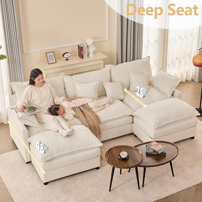 108 U Shaped Couch Modular Sectional Sofa 3-Seater Comfy Cloud Couch Set of Modular Pieces with Movable Ottoman Deep Seat Couches for Living Room Chenille Ivory