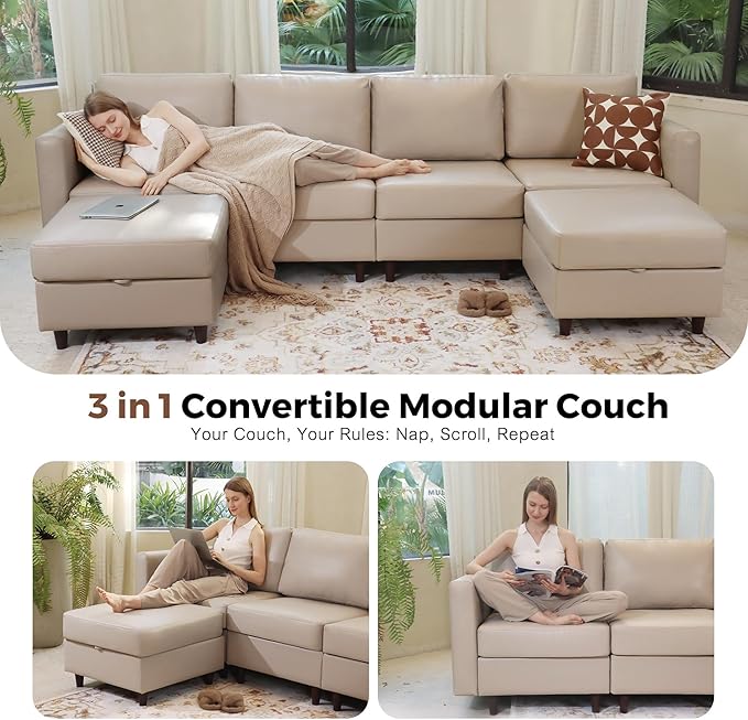 ABCASA 118.5 Oversized Modular Sectional Sofa Faux Leather 6 Seater U Shaped Couch with Movable Ottoman and Storage Seat with Reversible Chaise Deep Seat for Living Room Whitesand