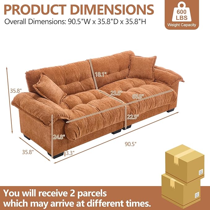 KIVENJAJA 90.5”W Oversized Cloud Loveseat Sofa Modern Chenille Tufted Deep Seat Sectional Couch Overstuffed Comfy Love seat with Pillows for Living Room Apartment Small Space Orange