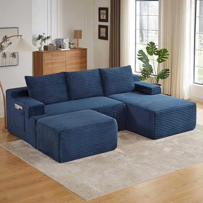 96 Sectional Couches for Living Room Cloud Couch Sofa with L-Shape Upholstered Boneless Couchs Modern Modular Sectional Couch with Chaise (Bule 96 W+Right Facing Chaise+2Seaters+Ottoman)