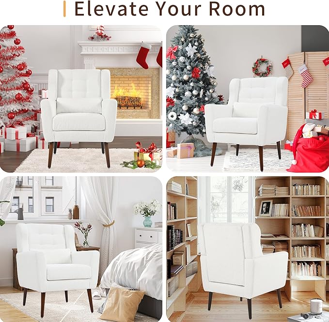 Accent Chair Set of 2 Upholstered Armchair with Pillow Teddy Single Sofa with Lounge Seat and Wood Legs for Living Room Small Spaces