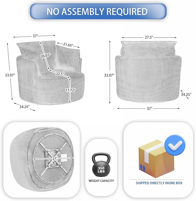 Swivel Accent Chair Round Barrel Armchair Upholstered Living Room Chair Corduroy Reading Chair Single Sofa Chair for Bedroom Apartment Office (Grey Standard 1Seater)