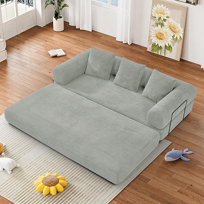 Convertible Sofa Bed Corduroy Memory Foam Compression Sofa Modular Floor Sofa with Pull-Out Bed Compressed Couch in Box Folding Sleeper Couches Bed for Living Room Bedroom Lounge Light Grey