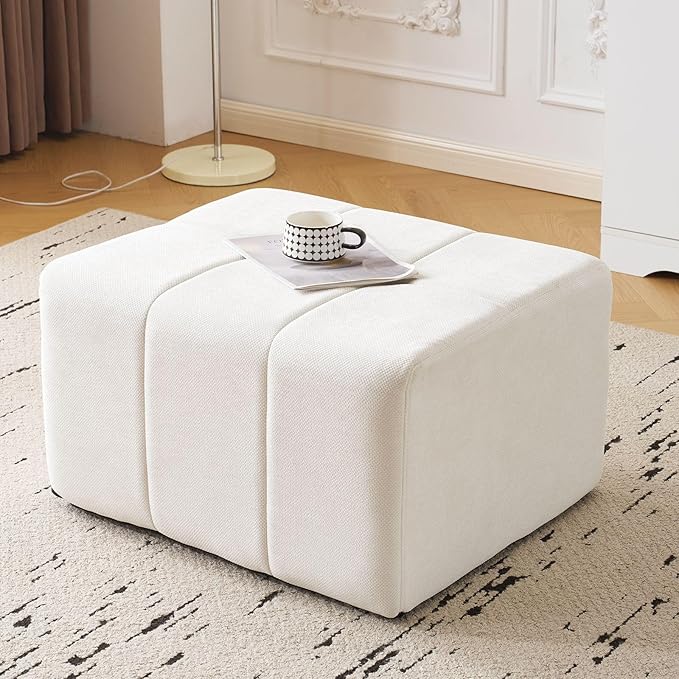 Square Stuffed Pouf OttomanChenille Poufs with Foam Chunk Filling27.9 X 16.1 Floor Poufs for SofaAccent Foot Rest Stool for Living RoomBedroomBeige
