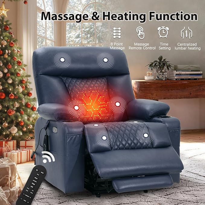 EONIX Small Power Lift Recliner Chair for Elderly with Heat and Massage 400lbs Heavy Duty Electric Recliner Chairs for Adults with Cup Holders and USB Charging Ports SLRY019020 Navy Blue