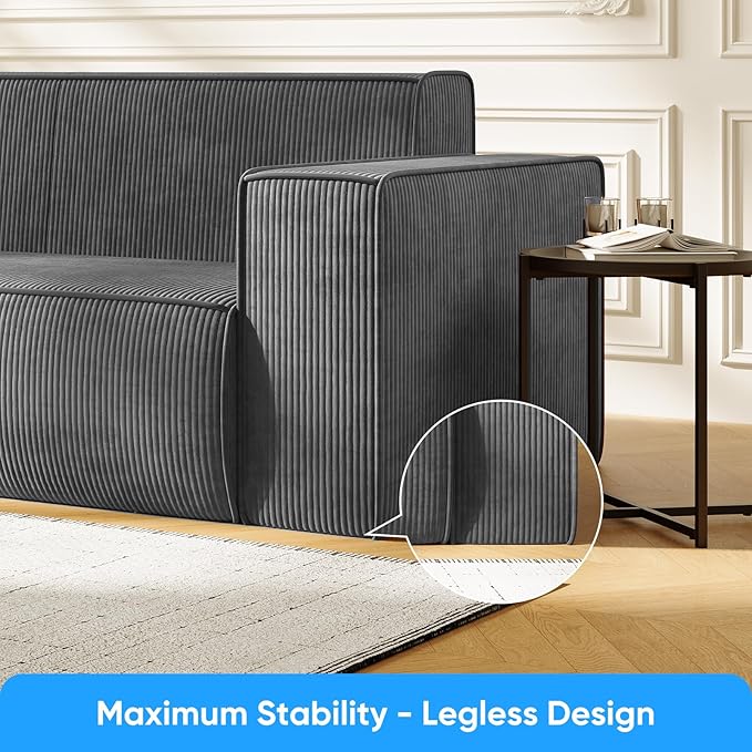 Mjkone 76 Modern Corduroy Sofa Couch Comfy 3 Seater Sofa with Deep Seat Couch for Living Room/Apartment/Office/Home No Legs/No Installation/Easy to Transport (Grey)