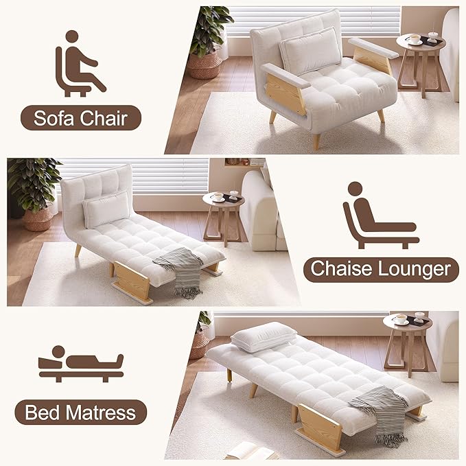 JASIWAY Convertible Sleeper Chair for Small Spaces 3-in-1 Convertable Single Chair Bed for Adults Fold-Out Futon Sofa Sleeper That Turn into Beds Adjustable Backrest(76.8 D X 37 W)