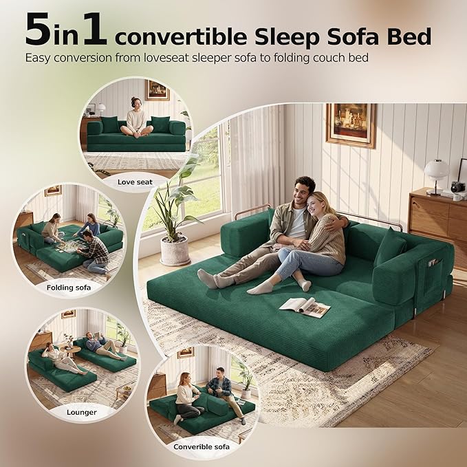 MoonSpeak 78.8''Sleeper Couch Bed for LivingroomConvertible Modular Sofa with Armrest PillowModular Foldable Corduroy Couches in a BoxNo Assembly (Emerald Green)
