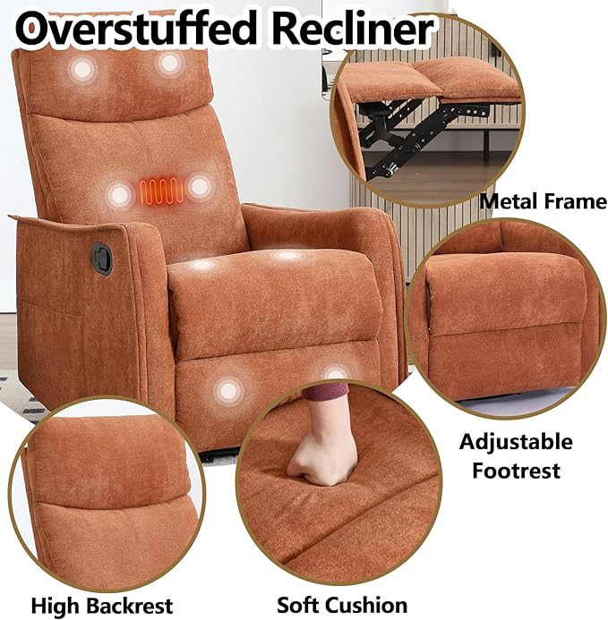 Massage Chair Recliner with Heat Swivel Rocking Chair Recliner with High Back Manual Lazy Boy Recliners for AdultsSmall Recliner Chair for Small Spaces Living Room Bedroom Fabric (Orange)