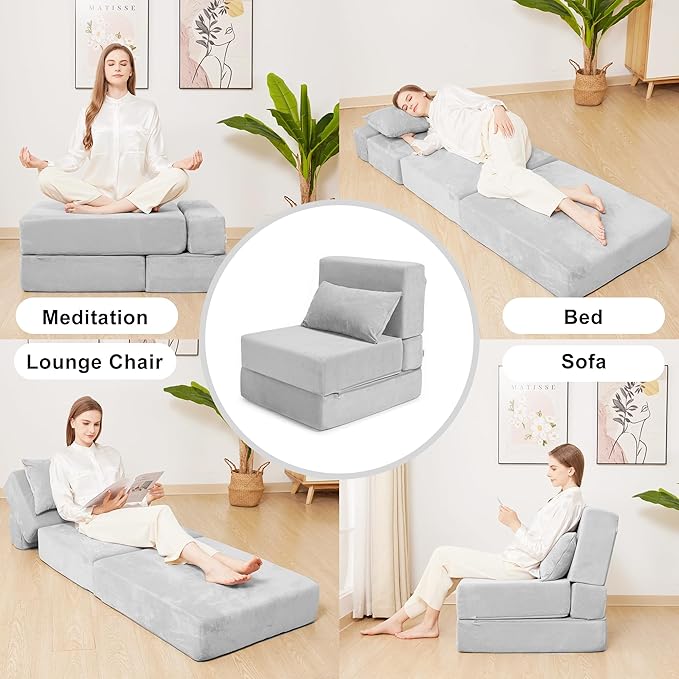 Folding Sofa Bed Convertible Sleeper Chair with Pillow Foldable Mattress &amp Back Support Portable Floor Lounger Futon for Apartment Dorm Living Room Bedroom Grey