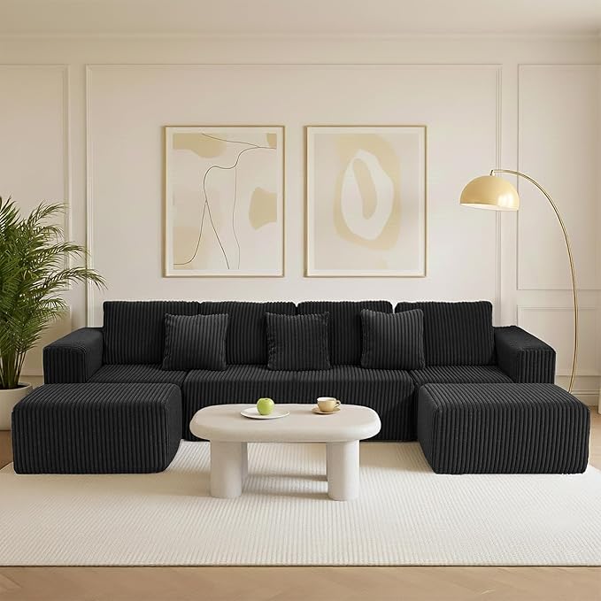 132 Cloud U-Shaped Sectional SofaModular Boneless Couch with OttomanCorduroy 4-Seater Couch for Living RoomNo Assembly RequiredDeep SeatPlush Cushion Back (Black)